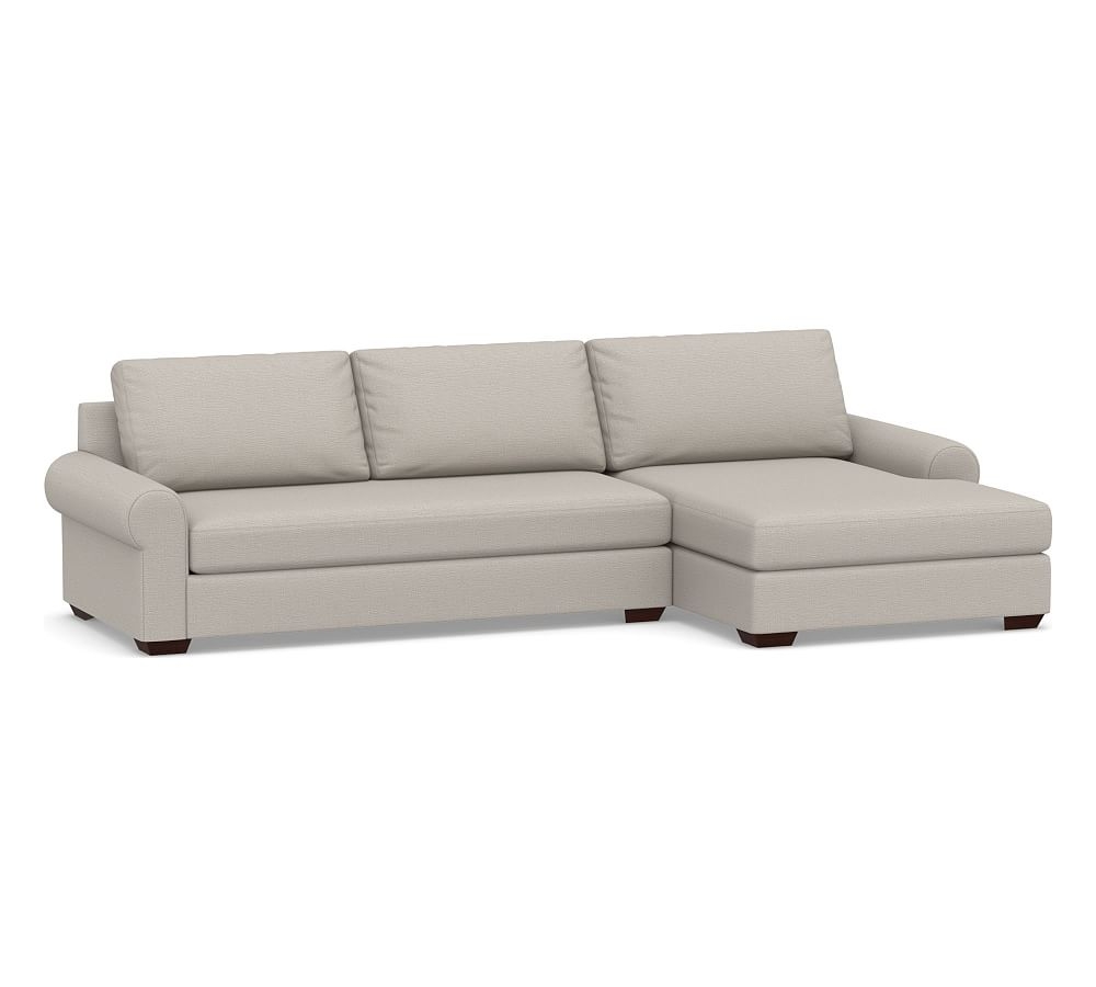 Big Sur Roll Arm Upholstered Left Arm Sofa with Double Chaise Sectional and Bench Cushion, Down Blend Wrapped Cushions, Chunky Basketweave Stone - Image 0