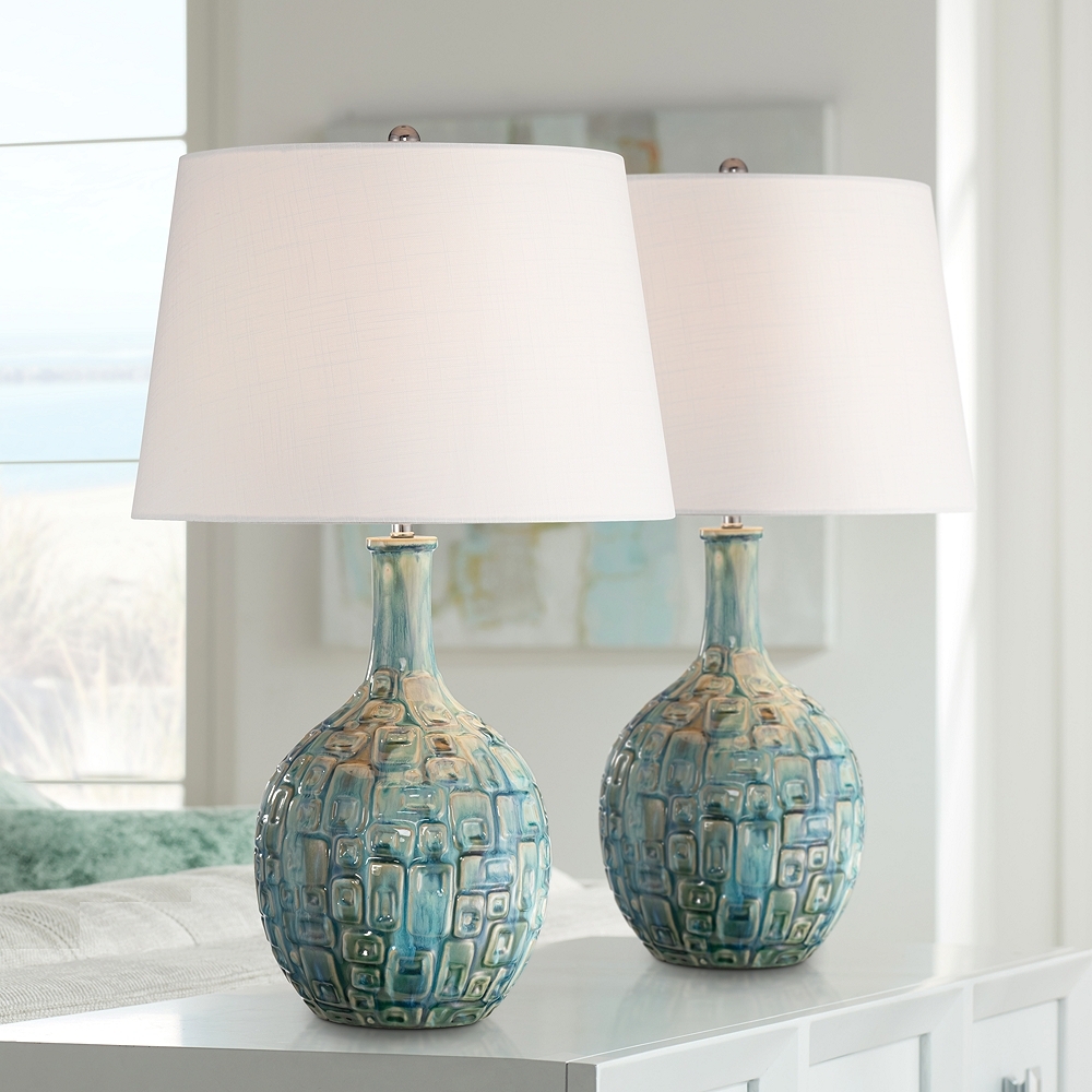 Abby 26" Mid-Century Teal Ceramic Gourd Table Lamps Set of 2 - Image 0