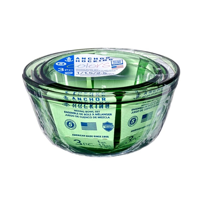 Anchor Hocking Green Glass Bowls, Set of 3 - Image 1