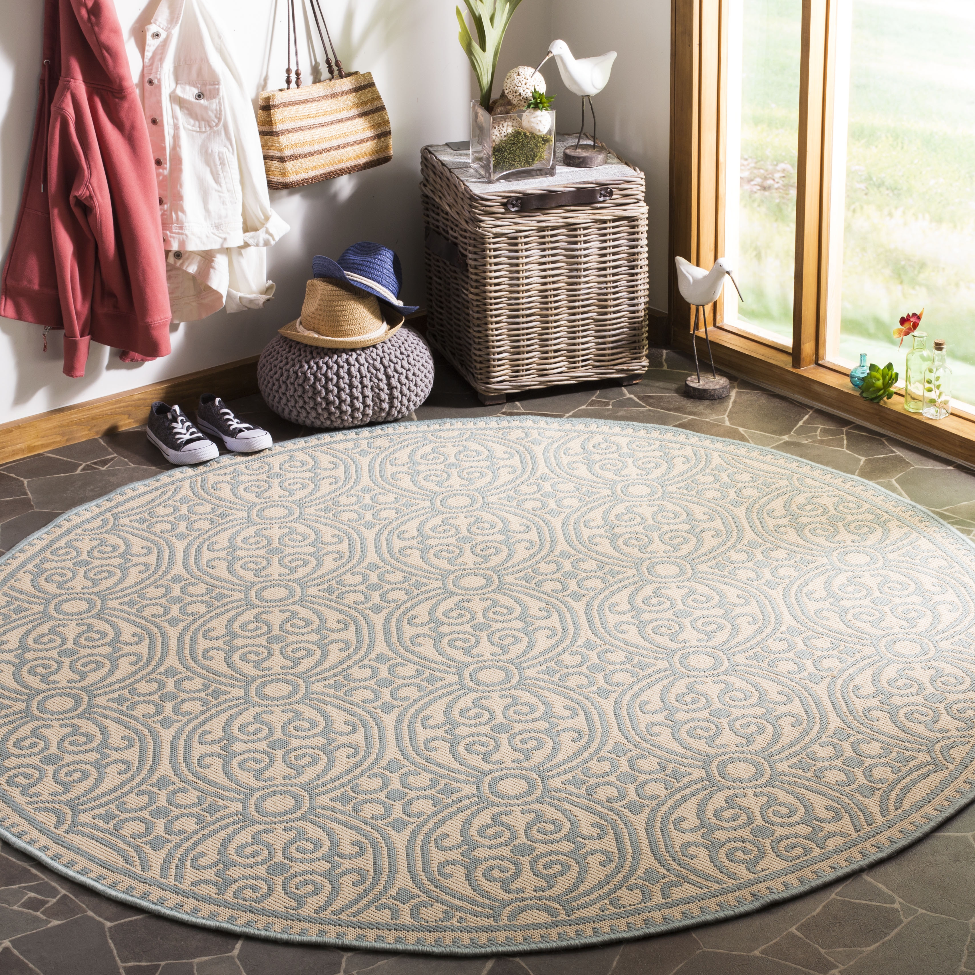 Arlo Home Indoor/Outdoor Woven Area Rug, LND134K, Aqua/Cream,  6' 7" X 6' 7" Round - Image 1