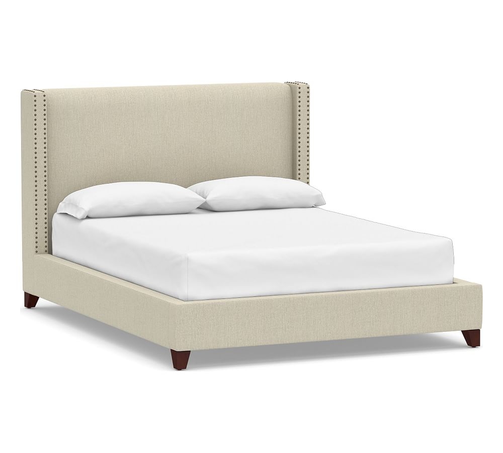 Harper Non-Tufted Upholstered Low Bed with Bronze Nailheads, Full, Chenille Basketweave Oatmeal - Image 0