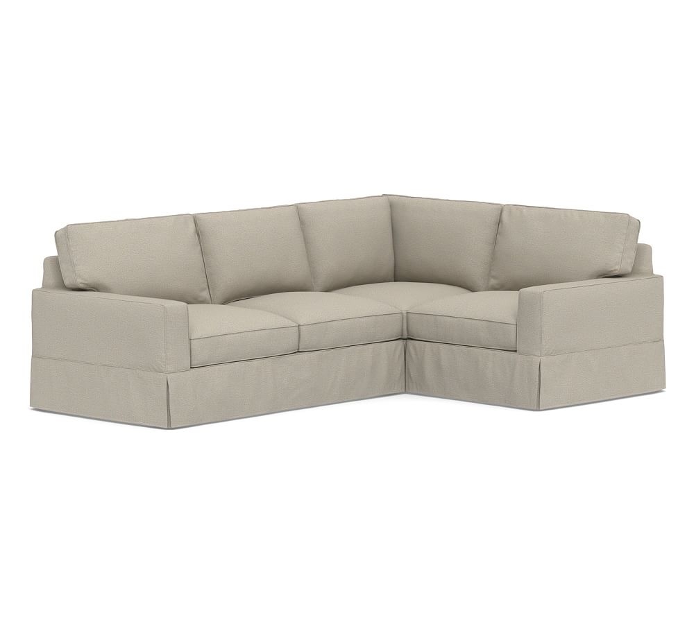 PB Comfort Square Arm Slipcovered Left Arm 3-Piece Corner Sectional, Box Edge Down Blend Wrapped Cushions, Performance Boucle Fog - Image 0