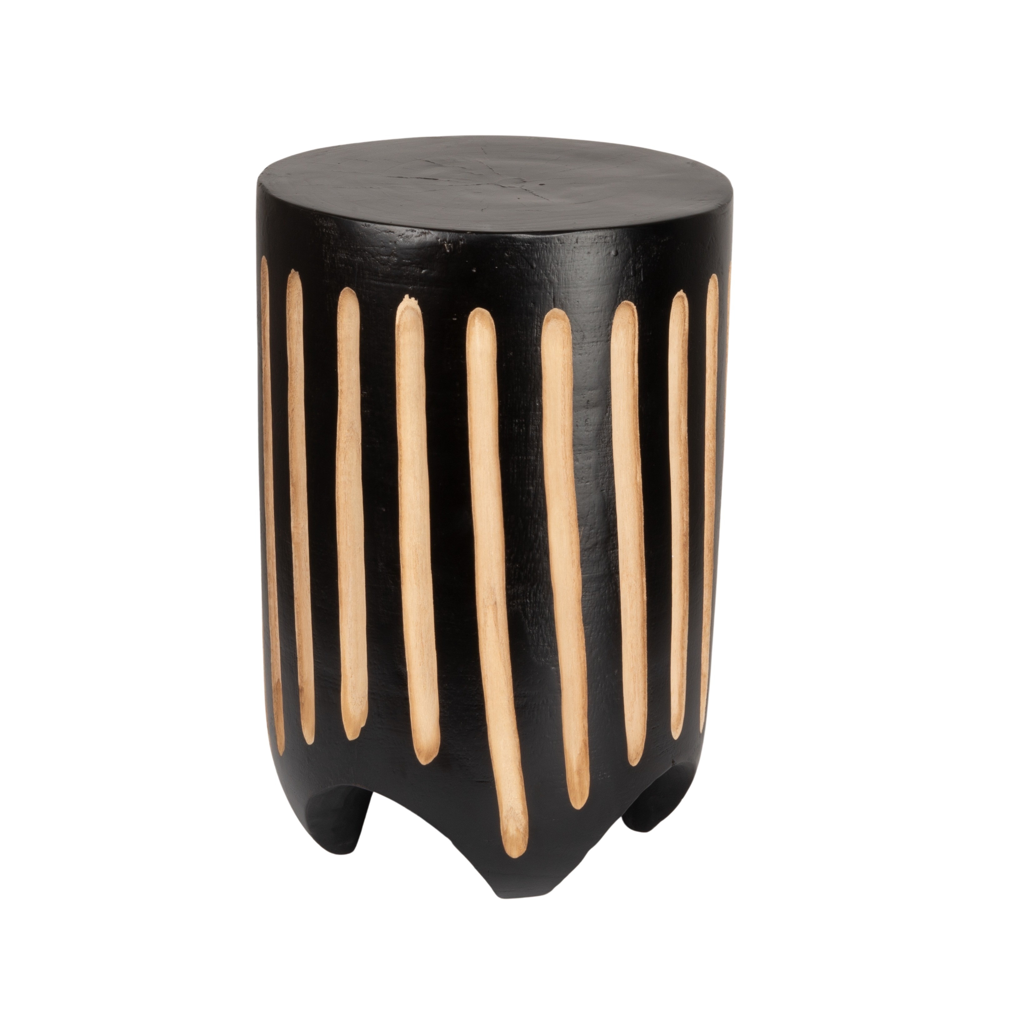 Hand-Carved Wood Side Table with Vertical Stripes, Black - Image 0