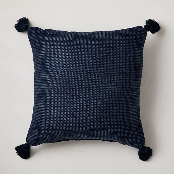 Outdoor Textured Solid Tassel Pillow, 20"x20", Midnight - Image 0