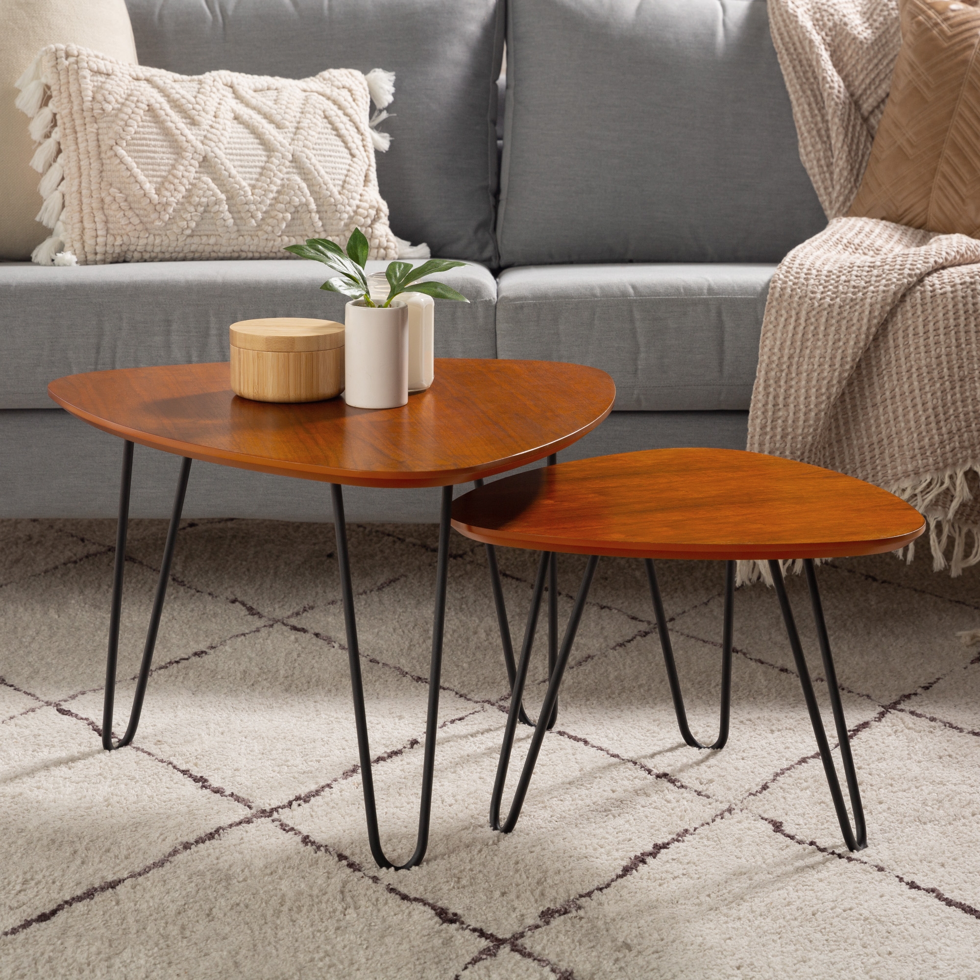 Guitar Pick Hairpin Leg Mid Century Modern Nesting Coffee Table Set - Walnut - Image 3