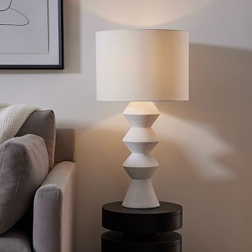 Diego Olivero Ceramic Shapes Table Lamp, 27", 11" Shade, White/White Linen, S/2 - Image 2