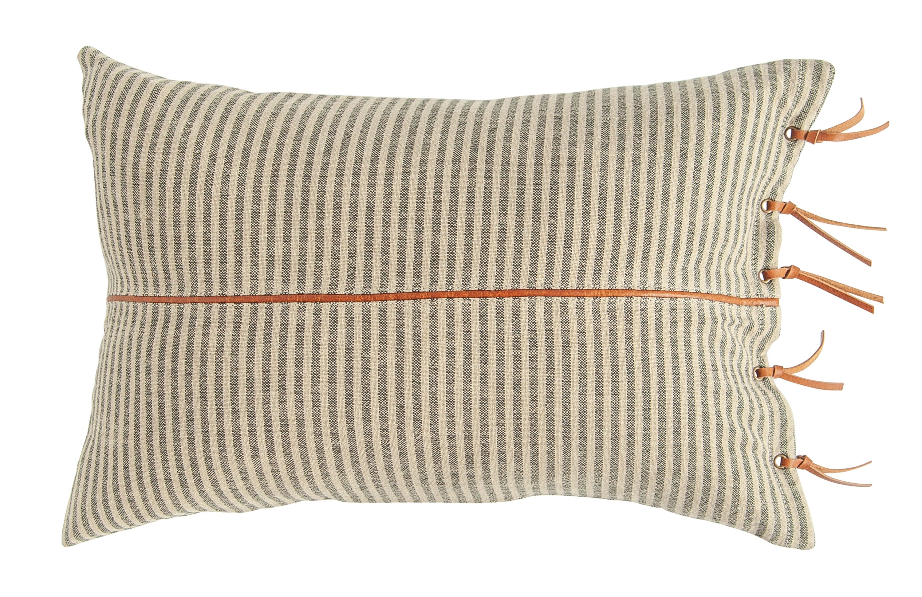 Beige & Black Striped Cotton Ticking Lumbar Pillow with Leather Trim - Image 0