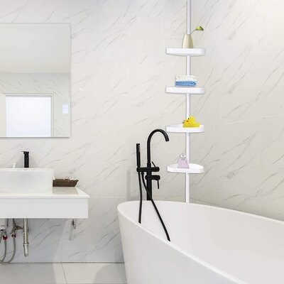 5-Tier White Plastic Tension Bathroom Corner Shelf Bath Shower Caddy Pole Storage Rack Tower Organizer Basket - Image 0