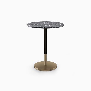 Restaurant Table, Top 30" Round, White Faux Marble, Bar Ht Orbit Base, Bronze/Brass - Image 2