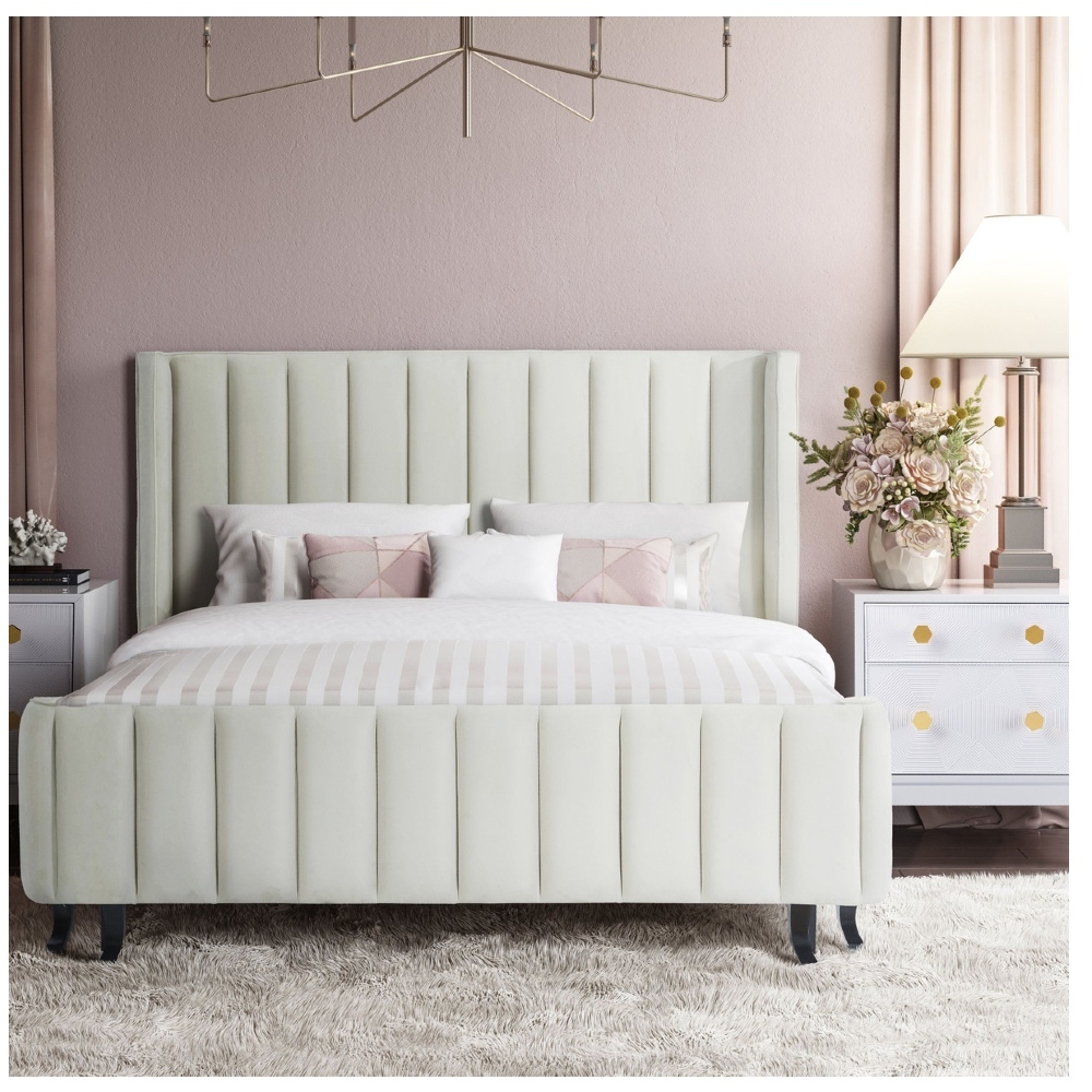 Victoria Modern Classic Ivory Velvet Upholstered Channel Tufted Bed - King - Image 4