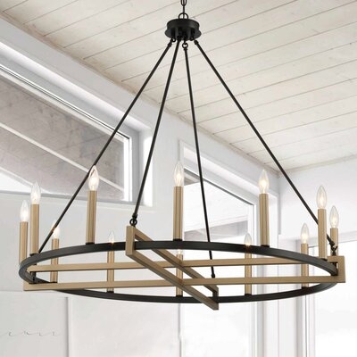 12 - Light Candle Style Wagon Wheel Chandelier with Wood Accents - Image 0