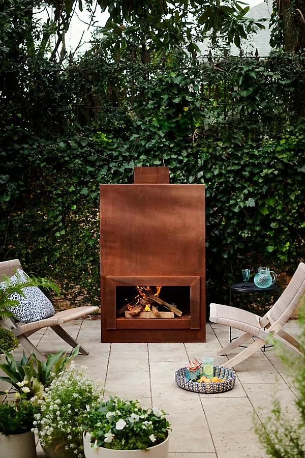 Weathering Steel Paned Outdoor Fireplace, Large - Image 0
