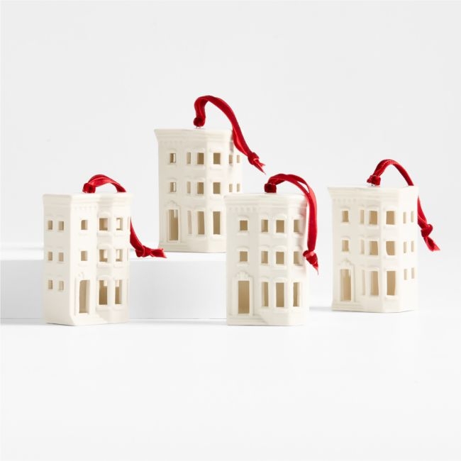 Ceramic White Brownstone with Bay Window Christmas Tree Ornament, Set of 4 - Image 0