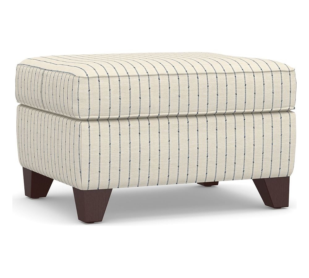 Cameron Upholstered Ottoman, Polyester Wrapped Cushions, Slubby Pinstripe Blue - Image 0