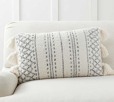 Cozy Tassel Trellis Lumbar Pillow Cover, 16 x 26", Ivory Multi - Image 0