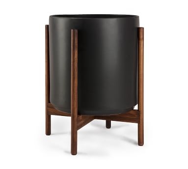 Modern Ceramic Planters with Wooden Stand, Black - Small - Image 3