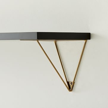 Linear Black Lacquer Shelf 4FT, Prism Brackets in Antique Brass - Image 1