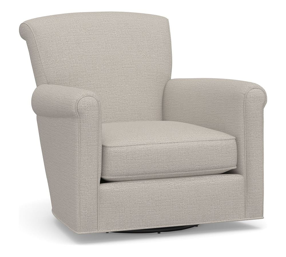 Irving Roll Arm Upholstered Swivel Armchair, Polyester Wrapped Cushions, Chunky Basketweave Stone - Image 0