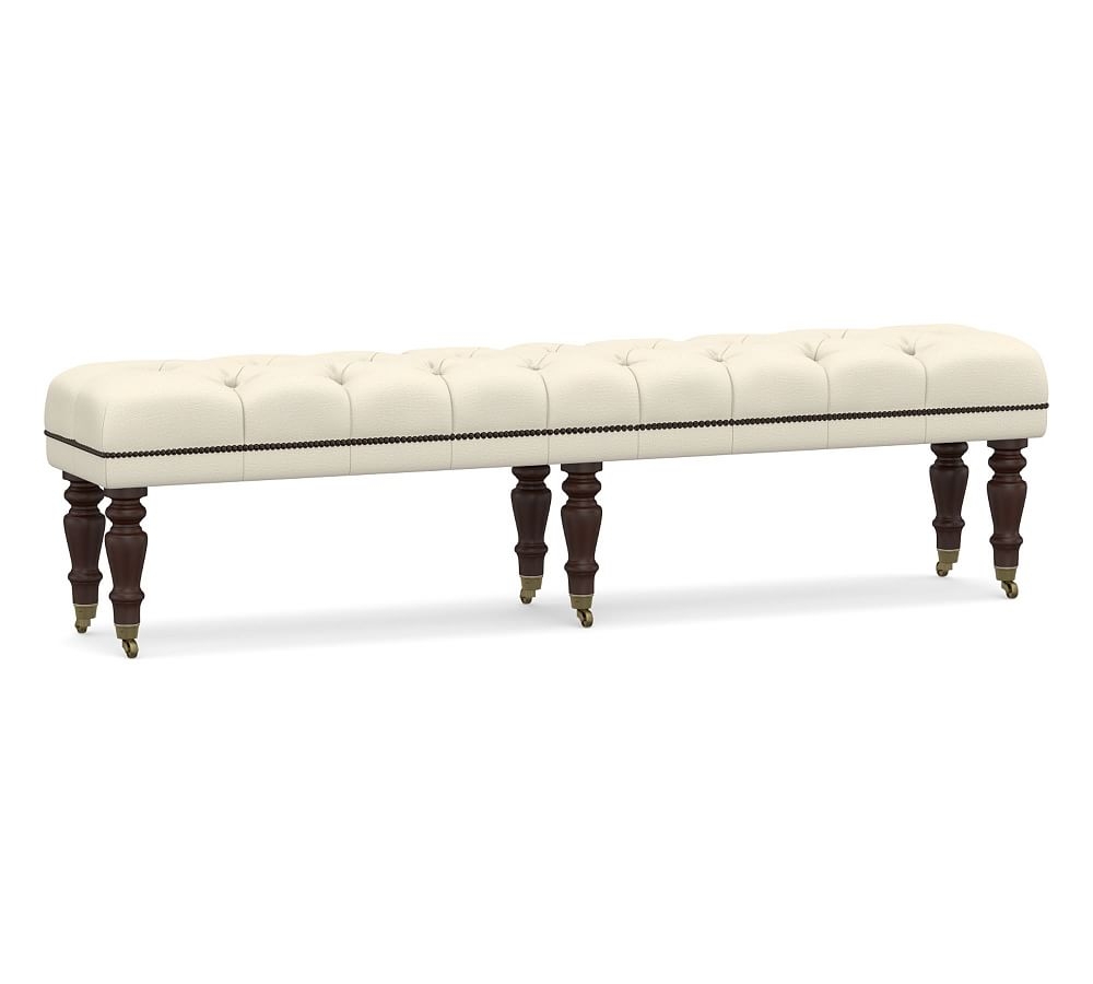 Raleigh Upholstered Tufted King Bench with Mahogany Legs & Bronze Nailheads, Park Weave Ivory - Image 0