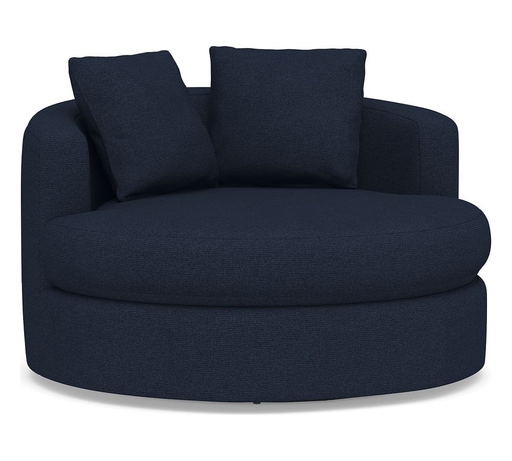 Balboa Upholstered Grand Swivel Armchair, Standard Cushions, Performance Heathered Basketweave Navy - Image 0