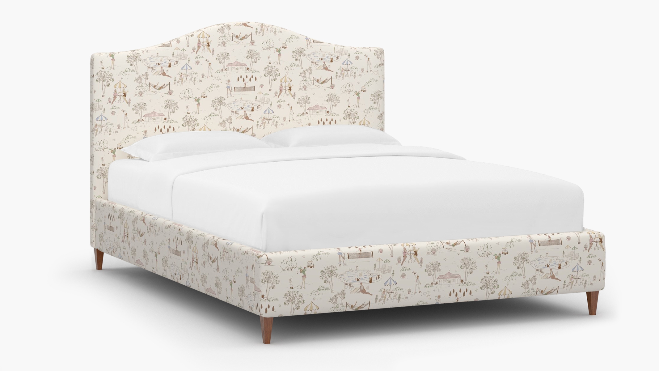 Camelback Bed, Multi Country Club Toile, Walnut Square Tapered Leg, Twin - Image 1