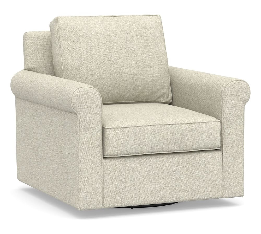 Cameron Roll Arm Upholstered Swivel Armchair, Polyester Wrapped Cushions, Performance Heathered Basketweave Alabaster White - Image 0