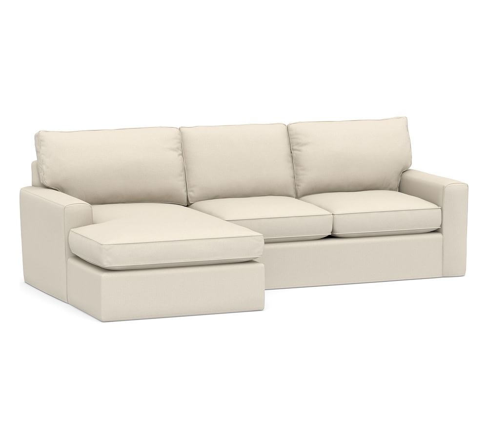 Pearce Square Arm Slipcovered Right Arm Loveseat with Double Chaise Sectional, Down Blend Wrapped Cushions, Performance Brushed Basketweave Ivory - Image 0