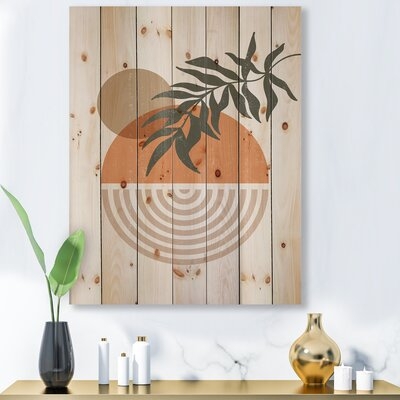 Abstract Geometrical Sun And Moon With Leaf I - Modern Print On Natural Pine Wood - Image 0