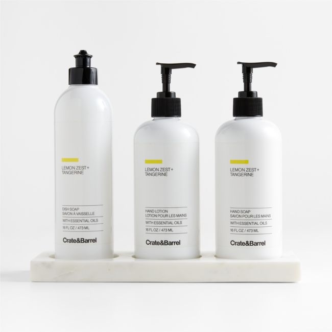 Lemon + Tangerine Hand Soap, Lotion and Dish Soap Set with White Marble Caddy - Image 0
