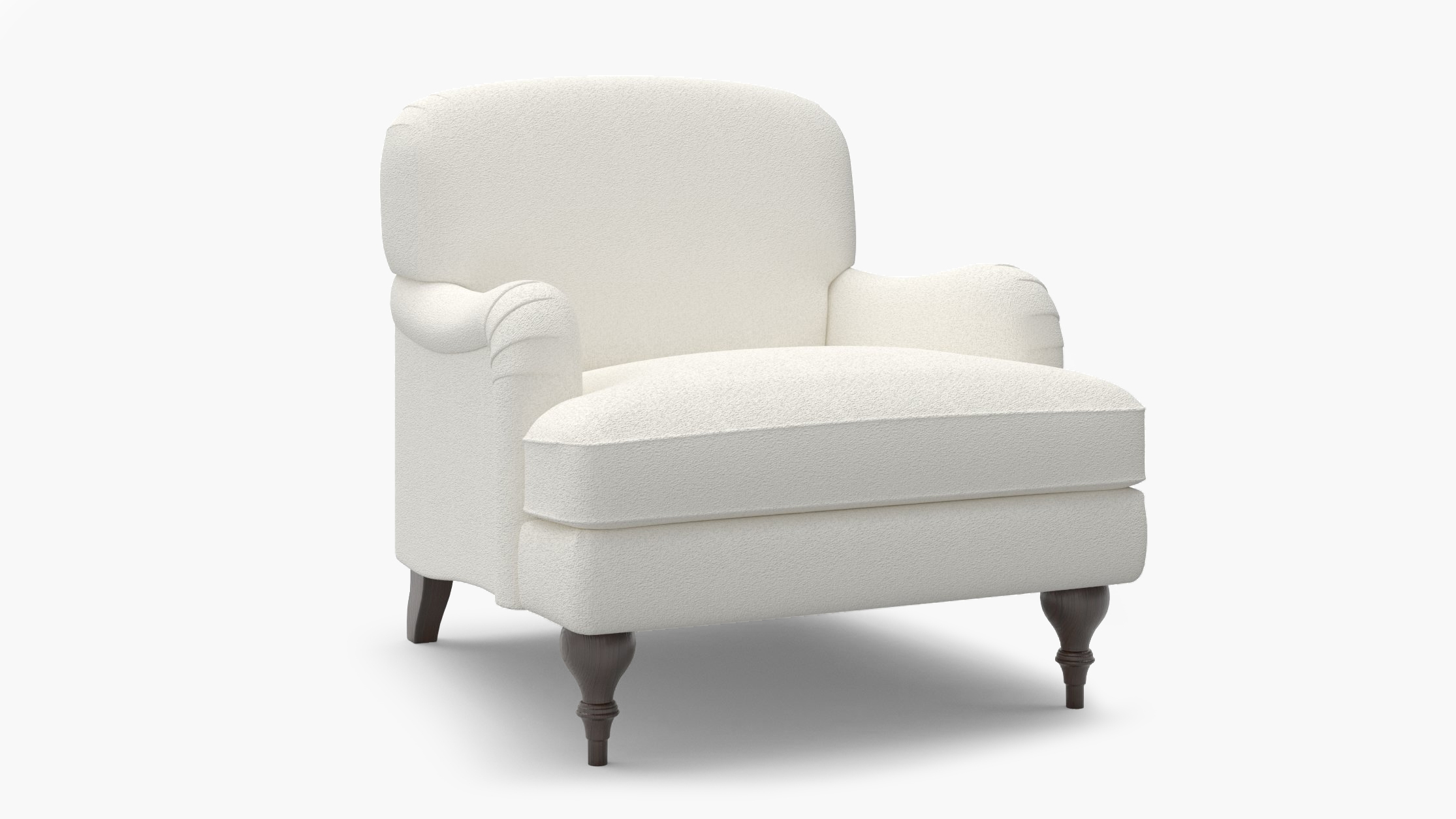 English Roll Arm Chair, Snow Boucle, Espresso Turned Wood Leg - Image 1