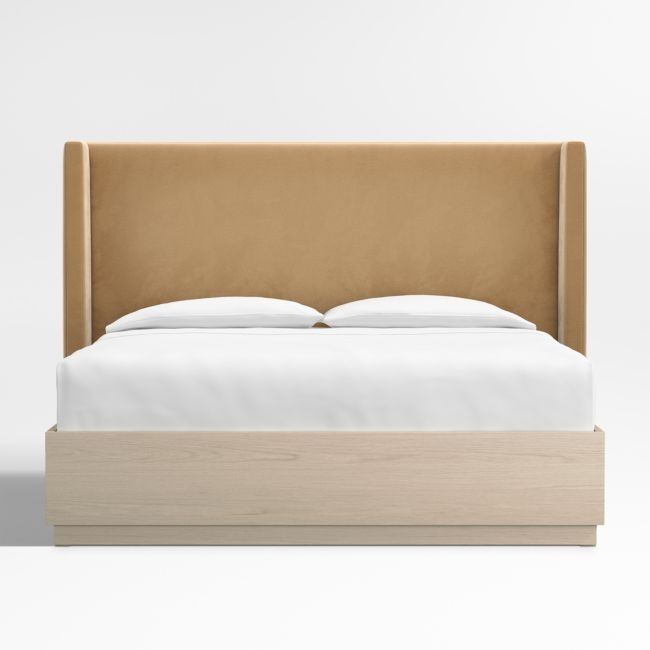 Arden 60" Camel Brown Upholstered King Headboard with Batten White Oak Storage Bed Base - Image 0