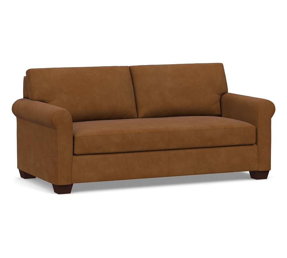 York Roll Arm Leather Loveseat 75" with Bench Cushion, Polyester Wrapped Cushions, Nubuck Caramel - Image 0