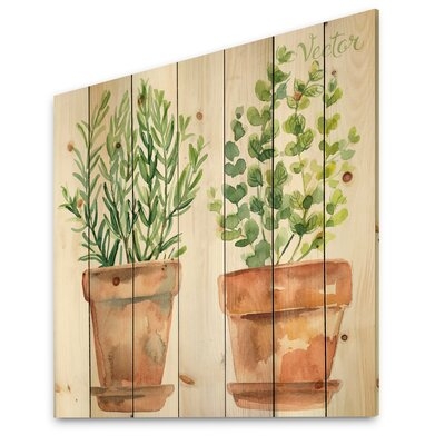 Two Green House Plants In Orange Flower Pots - Traditional Print On Natural Pine Wood - Image 0