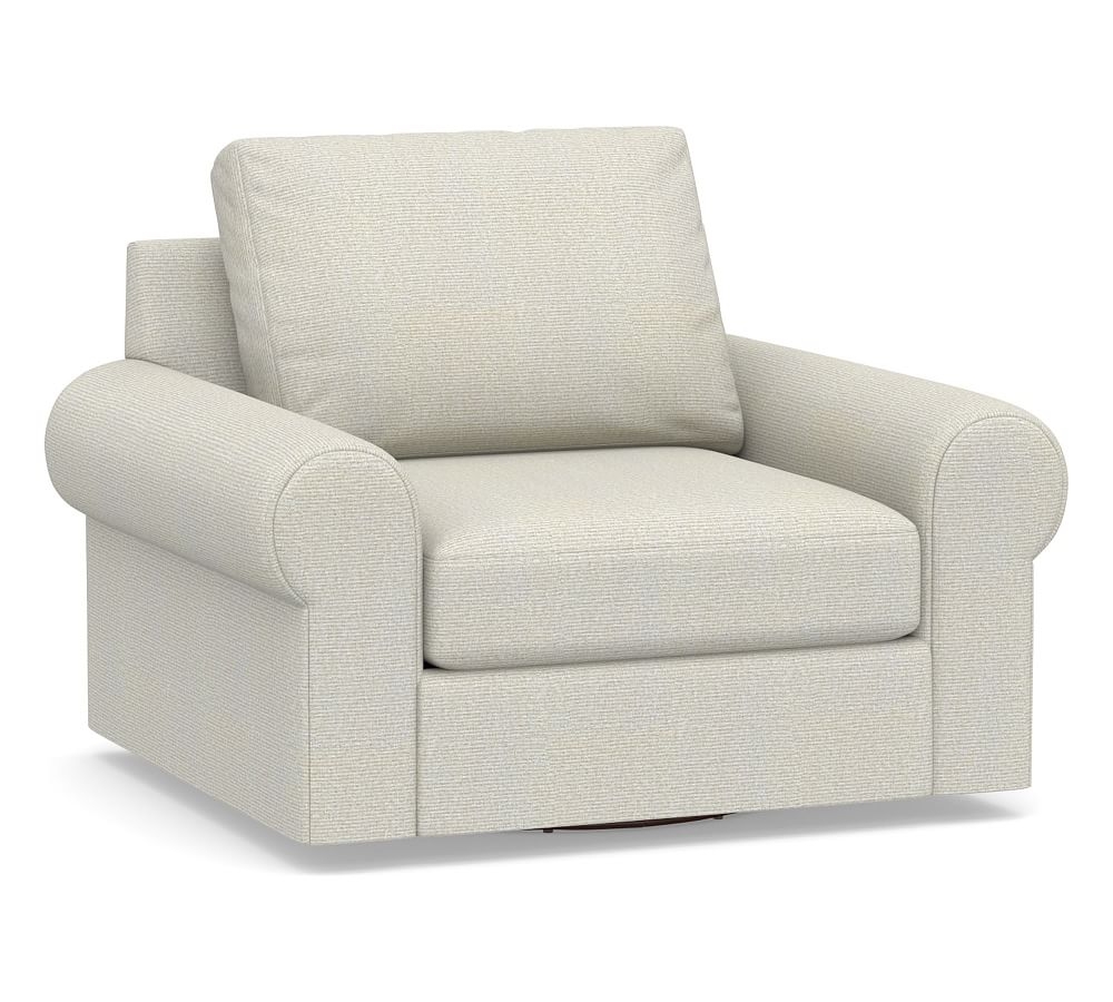 Big Sur Roll Arm Upholstered Swivel Armchair, Down Blend Wrapped Cushions, Performance Heathered Basketweave Dove - Image 0