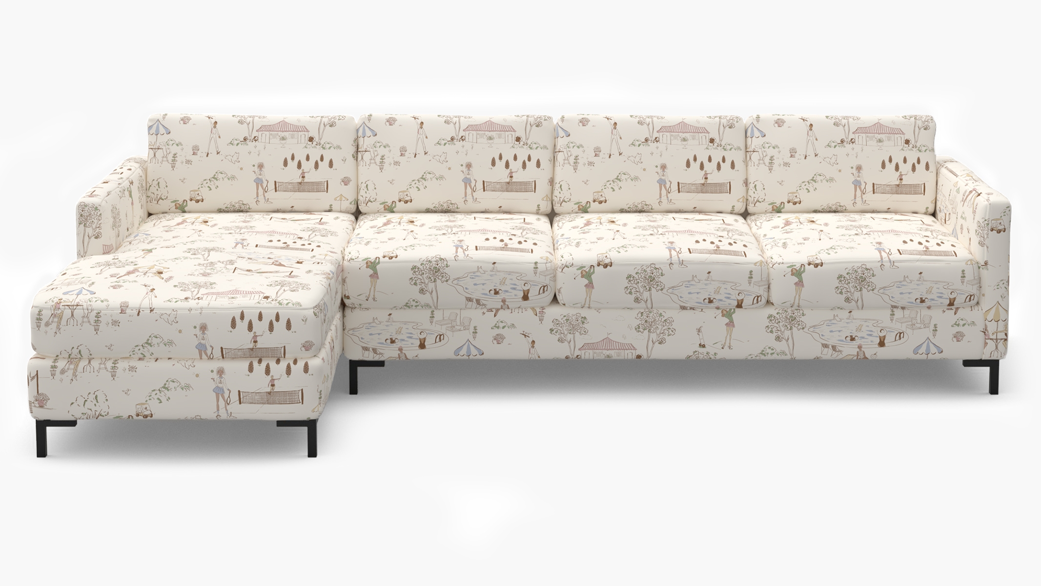 Modern Sectional, Left Facing, Multi Country Club Toile, Bronze L Leg - Image 0