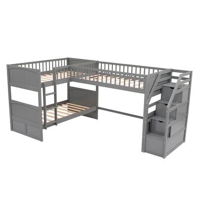 Twin Over Twin Wood L-Shaped Bunk Bed With Ladder And Stairway - Image 0