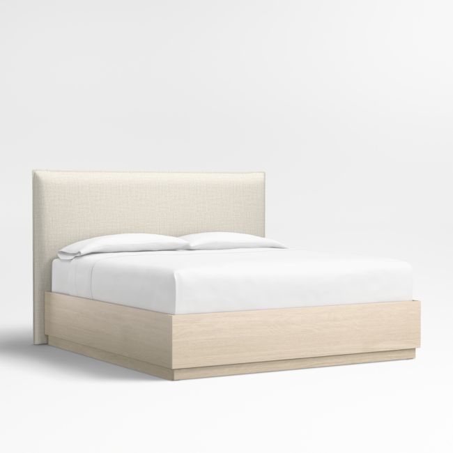Arvada 54" Natural Beige Upholstered King Headboard with Batten White Oak Storage Bed Base - Image 0