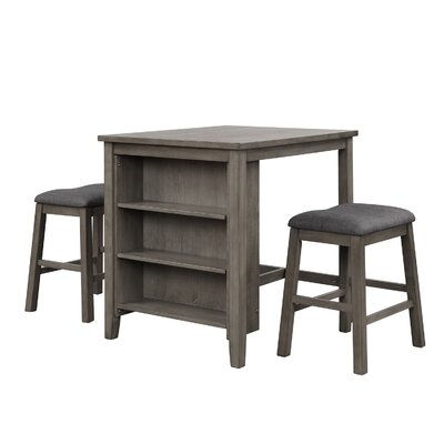 3 Piece Square Dining Table With Padded Stools, Table Set With Storage Shelf, Dark Gray - Image 0