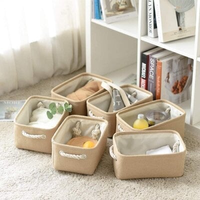 Small Storage Baskets Fabric Storage Baskets For Organizing,Collapsible Storage Bins Set Empty Gift Baskets With Rope Handles,Toy Storage, Nursery(6 Pack Beige Flax,11.8X7.9X5.2) - Image 0