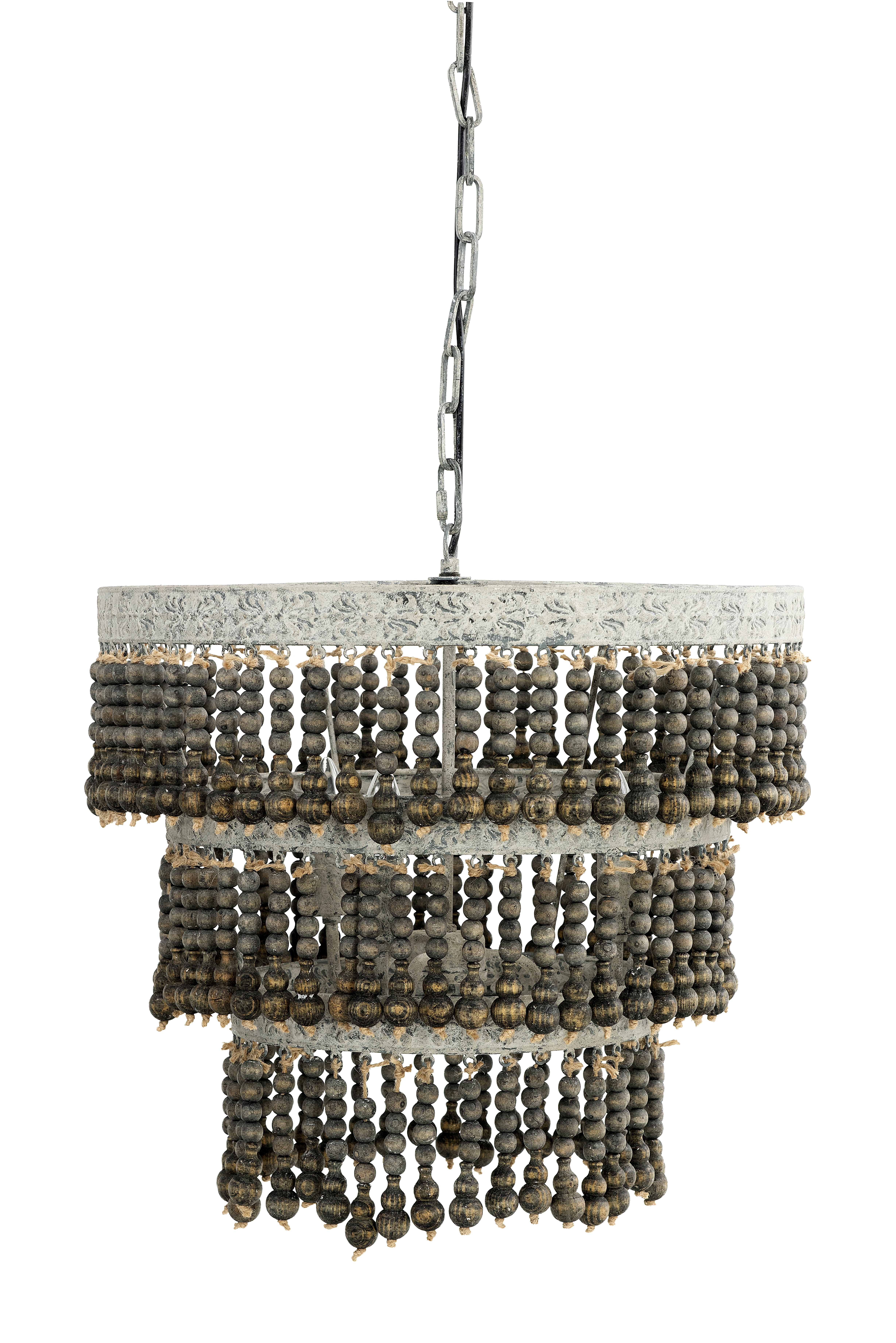 3-Tier Round Metal Chandelier with 3 Lights & Hanging Wood Beads - Image 0