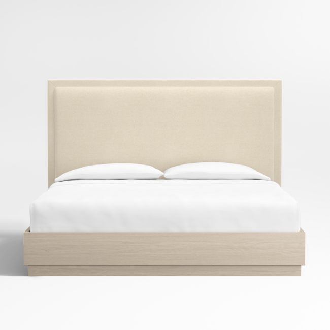 Meraux 56" Ivory Upholstered King Headboard with Batten White Oak Bed Base - Image 0