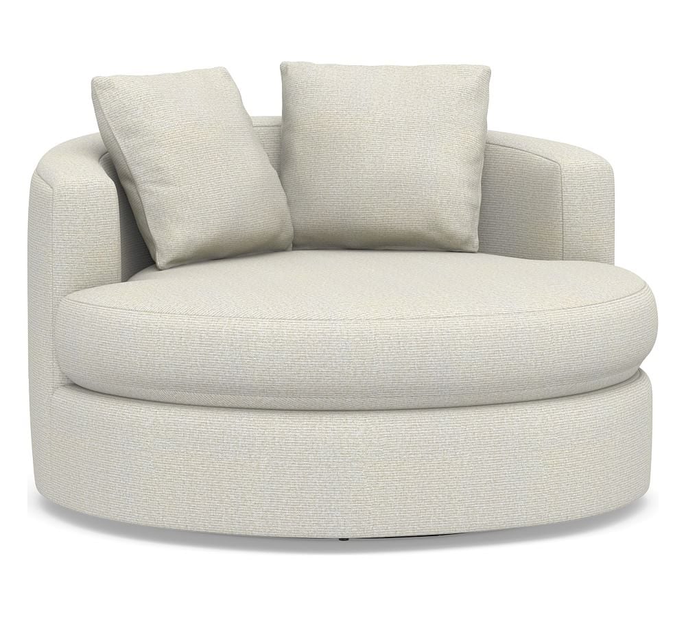 Balboa Upholstered Grand Swivel Armchair, Standard Cushions, Performance Heathered Basketweave Dove - Image 0