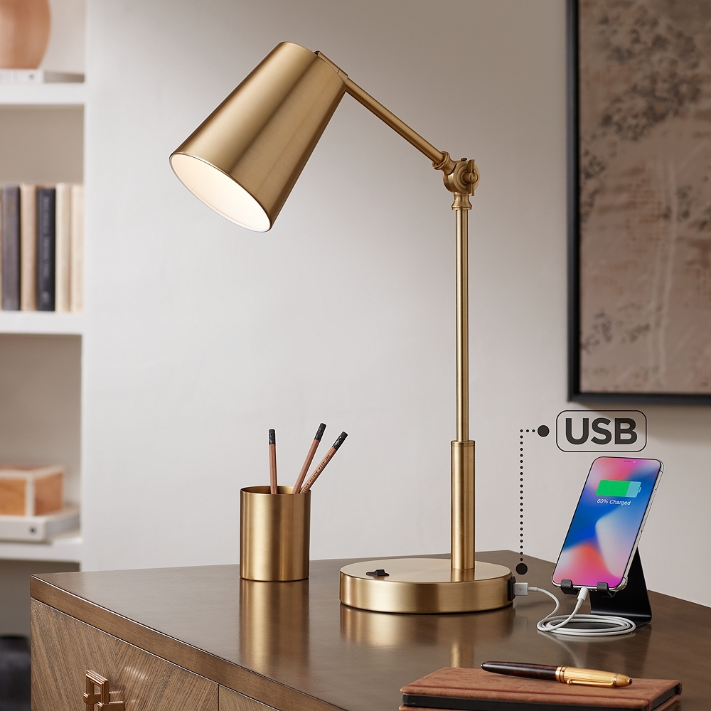 360 Lighting Sully Warm Brass Desk Lamp with Double USB Ports - Image 0