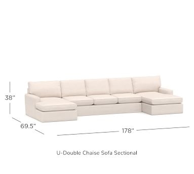 Pearce Square Arm Slipcovered U-Double Chaise Sofa Sectional, Down Blend Wrapped Cushions, Performance Heathered Basketweave Dove - Image 2