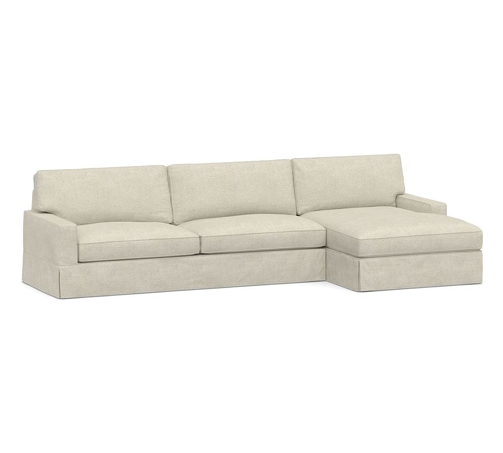 PB Comfort Square Arm Slipcovered Left Arm Sofa with Wide Chaise Sectional, Box Edge, Down Blend Wrapped Cushions, Performance Heathered Basketweave Alabaster White - Image 0