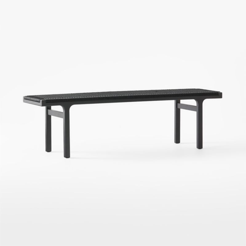 60" Black Woven Leather and Acacia Wood Bench - Image 4