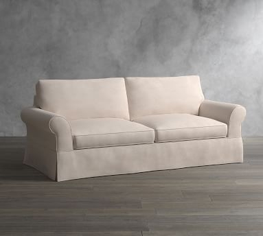PB Comfort Roll Arm Slipcovered Sleeper Sofa 2x2, Box Edge Memory Foam Cushions, Chenille Basketweave Charcoal - Image 1