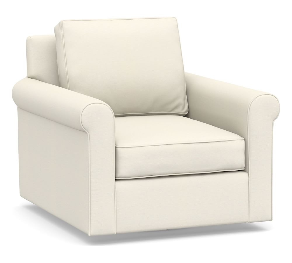Cameron Roll Arm Upholstered Deep Seat Swivel Armchair, Polyester Wrapped Cushions, Textured Twill Ivory - Image 0