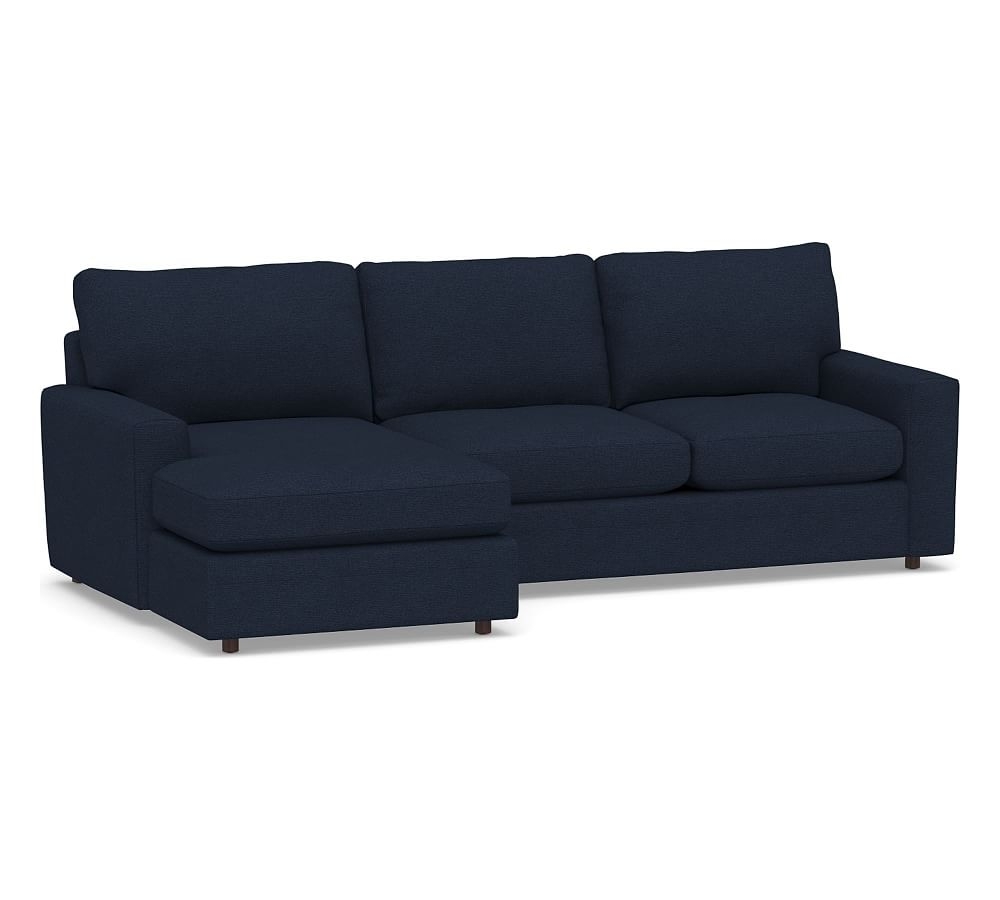 Pearce Modern Square Arm Upholstered Right Arm Loveseat with Chaise Sectional, Down Blend Wrapped Cushions, Performance Heathered Basketweave Navy - Image 0