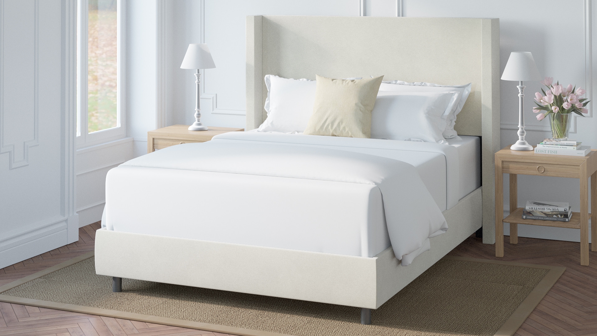 Modern Wingback Bed, White Classic Velvet, Queen - Image 3